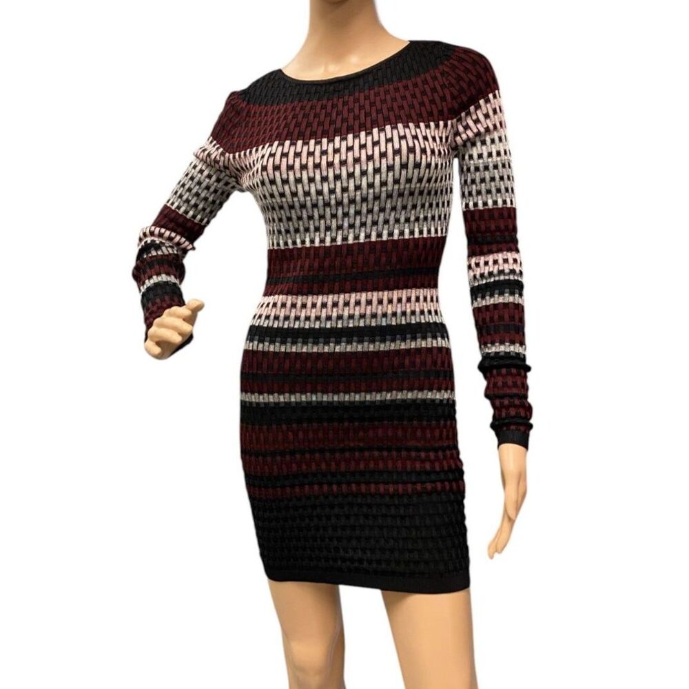 WHITE HOUSE BLACK MARKET Knit Bodycon Dress LS Puzzle Tunic Dark Rouge Size XS